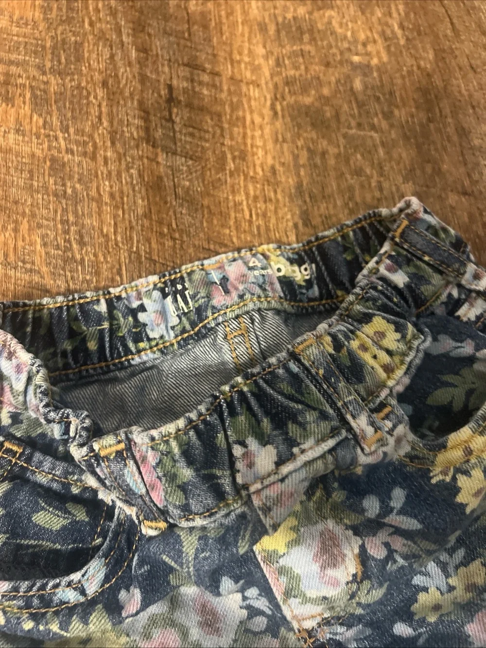 GAP Girls Floral Wide-Leg Denim Pants - Blue with Pink & Yellow Flowers